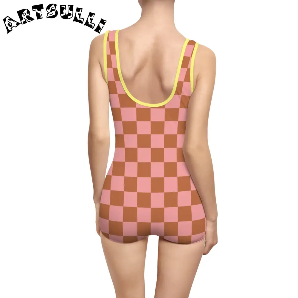 Pink and Brown Checkerboard One-Piece Swimsuit, Artsulli - Art is Long, Life is Short, All Over Prints, , , , , , , 