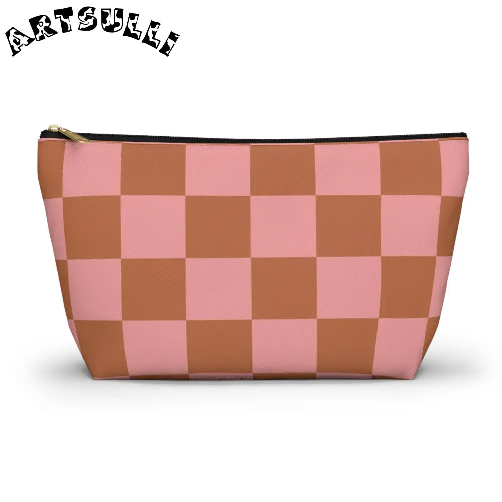 Pink and Brown Checkerboard Pouch, Artsulli - Art is Long, Life is Short, Bags, Size, Large, Color, Black zipper, , , 22653898845167195657