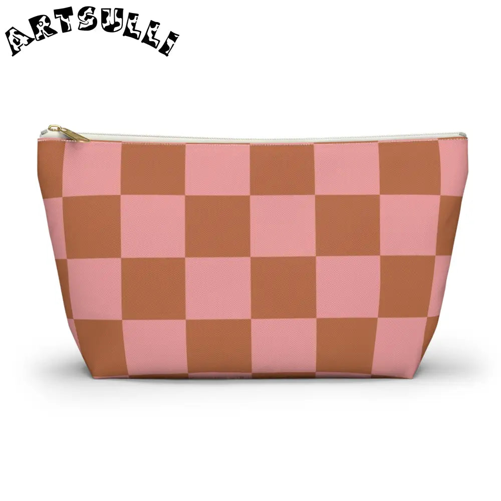 Pink and Brown Checkerboard Pouch, Artsulli - Art is Long, Life is Short, Bags, Size, Large, Color, White zipper, , , 15065494096968504671