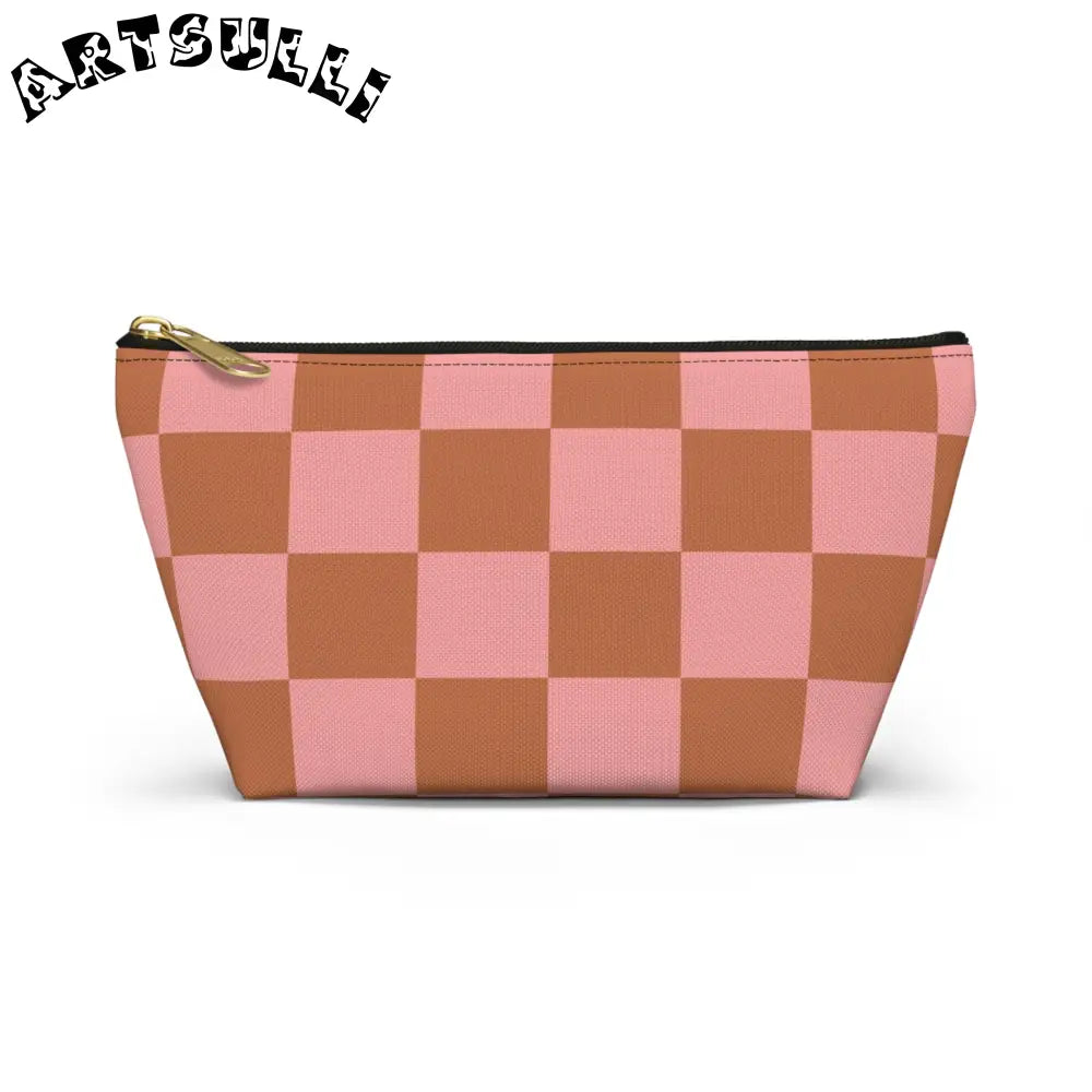 Pink and Brown Checkerboard Pouch, Artsulli - Art is Long, Life is Short, Bags, Size, Small, Color, Black zipper, , , 42867737221802362371