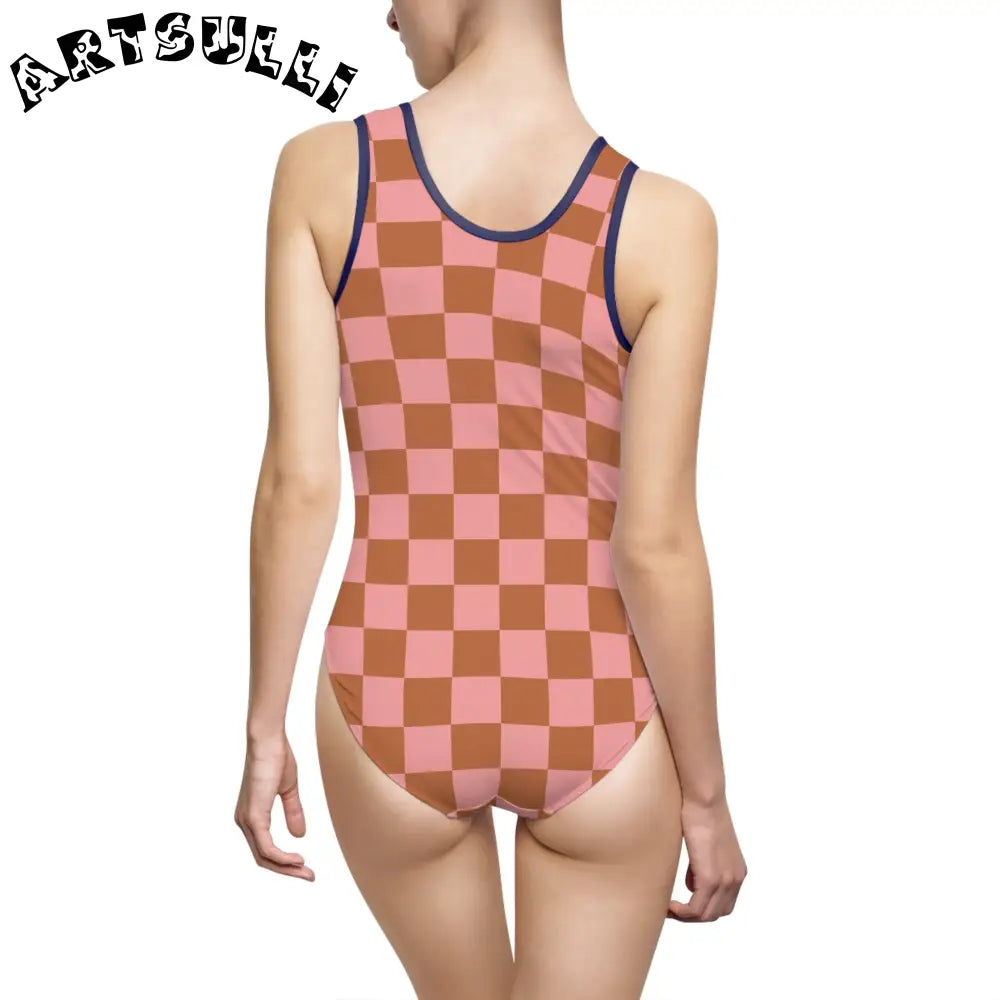 Pink and Brown Checkered Art Printed One Piece Swimsuit, Artsulli - Art is Long, Life is Short, All Over Prints, , , , , , , 