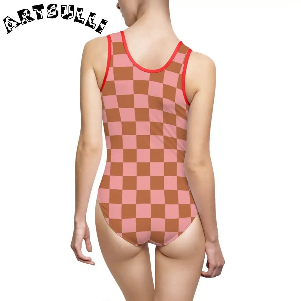 Pink and Brown Checkered Art Printed One Piece Swimsuit, Artsulli - Art is Long, Life is Short, All Over Prints, , , , , , , 