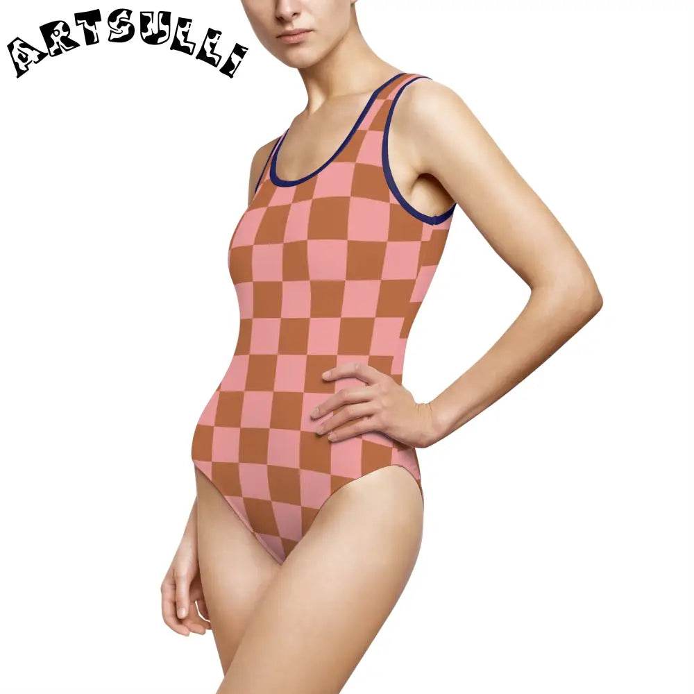 Pink and Brown Checkered Art Printed One Piece Swimsuit, Artsulli - Art is Long, Life is Short, All Over Prints, , , , , , , 