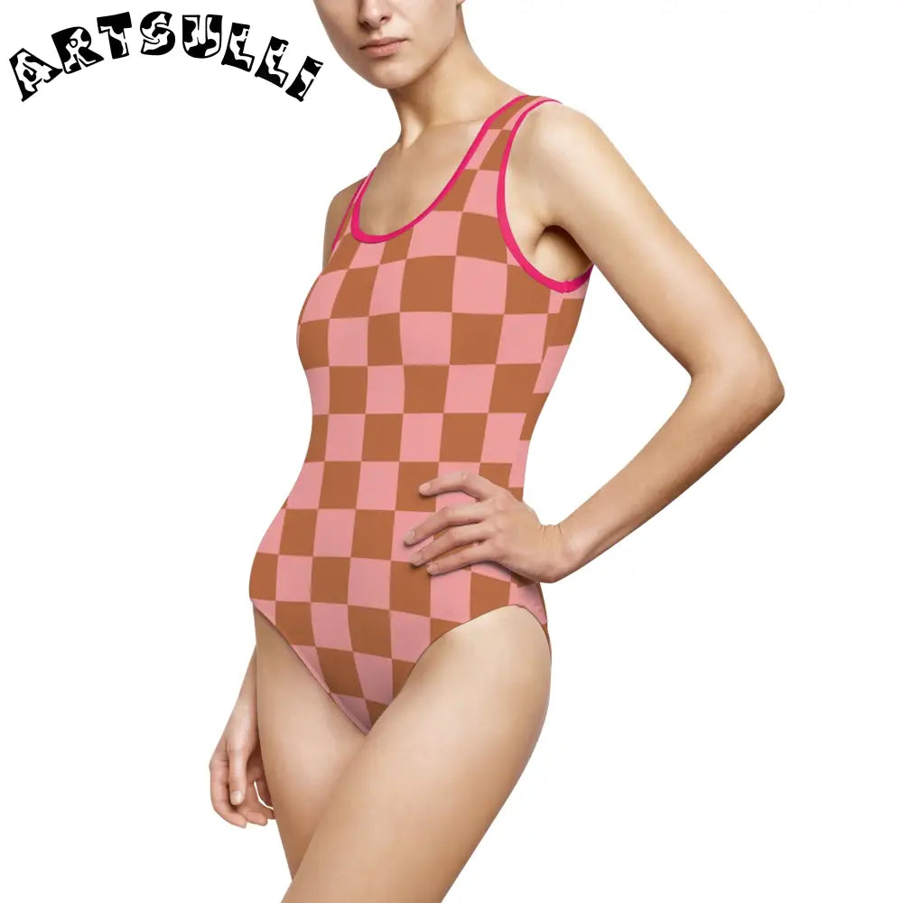 Pink and Brown Checkered Art Printed One Piece Swimsuit, Artsulli - Art is Long, Life is Short, All Over Prints, , , , , , , 