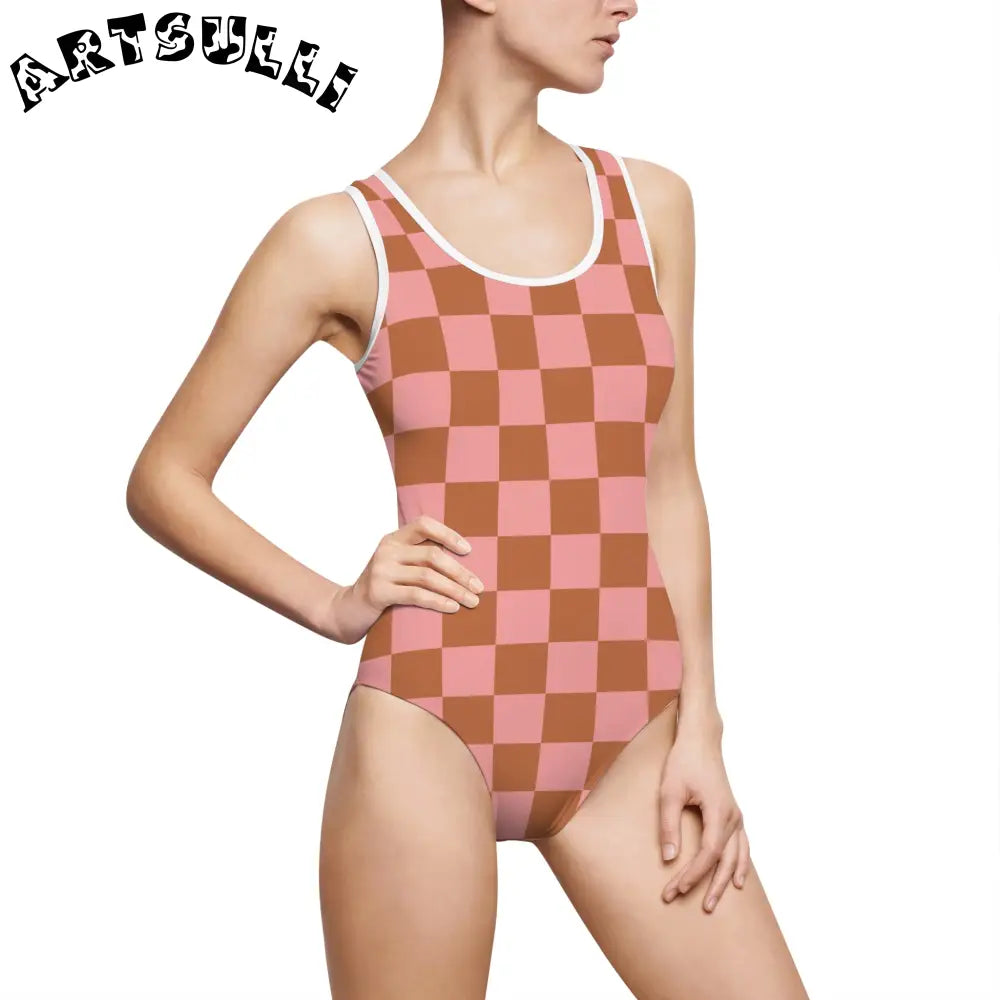 Pink and Brown Checkered Art Printed One Piece Swimsuit, Artsulli - Art is Long, Life is Short, All Over Prints, Size, XS, Color, White, , , 24204698187887119428