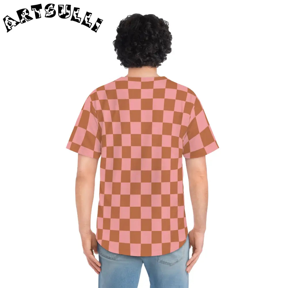 Pink and Brown Checkered Baseball Jersey, Artsulli - Art is Long, Life is Short, All Over Prints, , , , , , , 