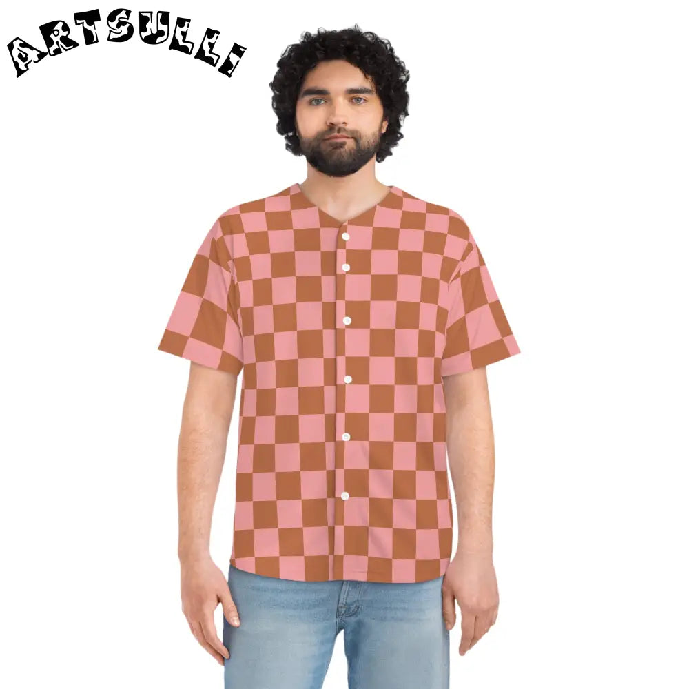 Pink and Brown Checkered Baseball Jersey, Artsulli - Art is Long, Life is Short, All Over Prints, , , , , , , 
