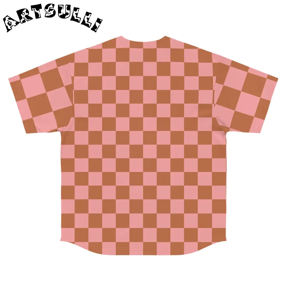 Pink and Brown Checkered Baseball Jersey, Artsulli - Art is Long, Life is Short, All Over Prints, , , , , , , 