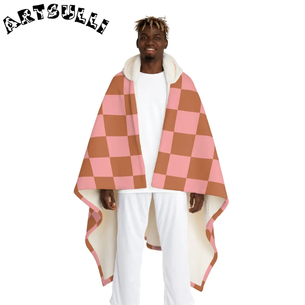 Pink and Brown Checkered Hooded Sherpa Fleece Blanket, Artsulli - Art is Long, Life is Short, All Over Prints, Size, One size, Color, Cream, , , 84527332487003082328