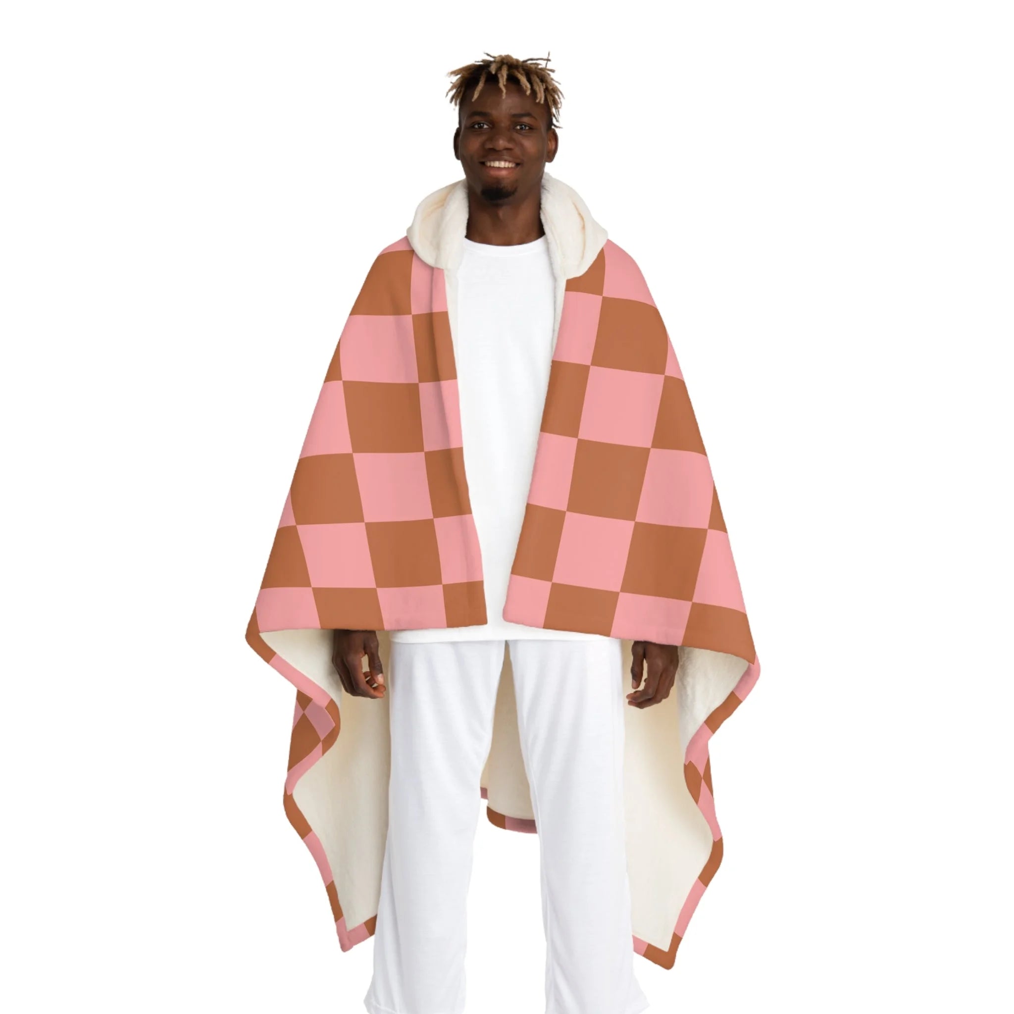 JAKKOUTTHEBXX Pink and Brown Checkered Hooded Sherpa Fleece Blanket 2025