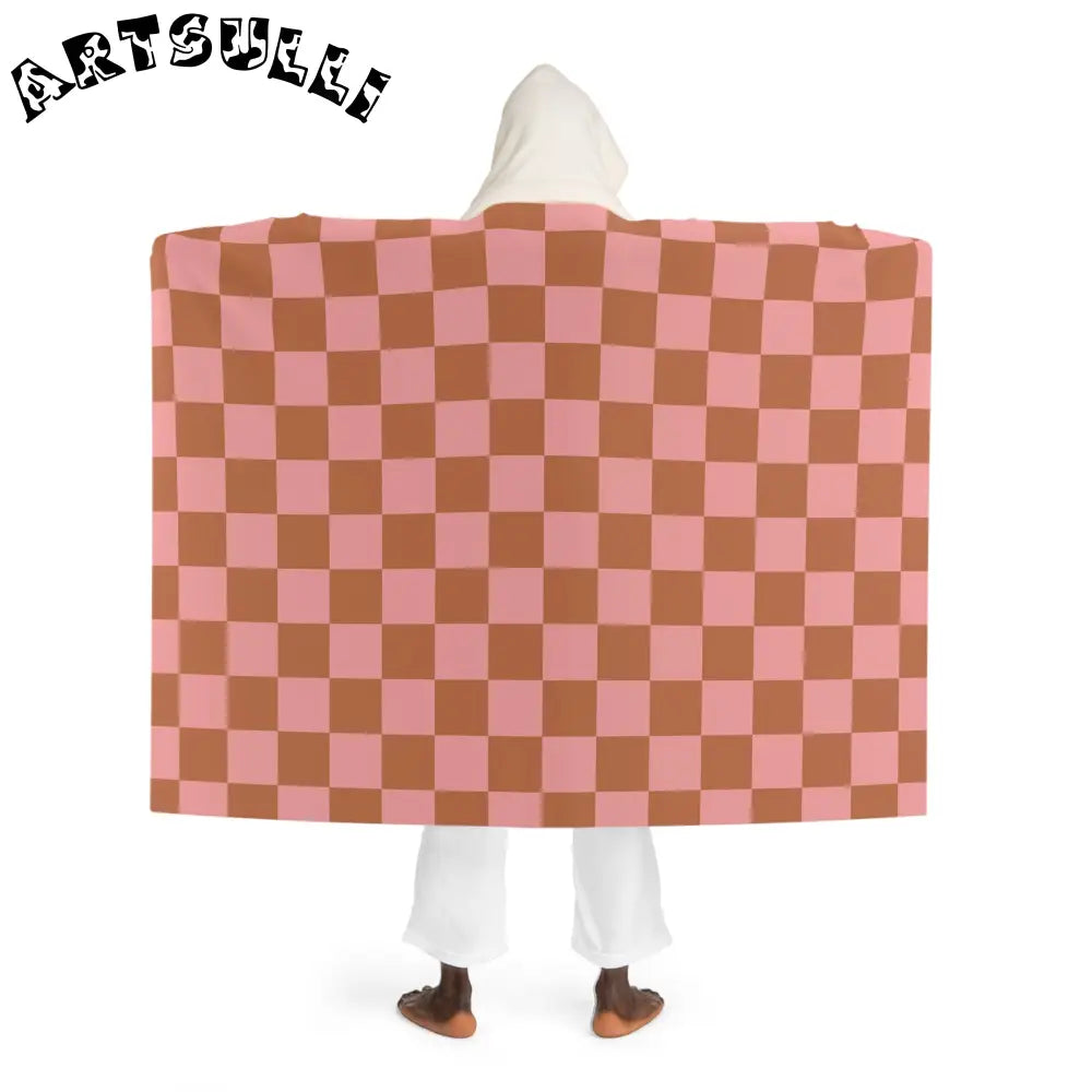 Pink and Brown Checkered Hooded Sherpa Fleece Blanket, Artsulli - Art is Long, Life is Short, All Over Prints, , , , , , , 