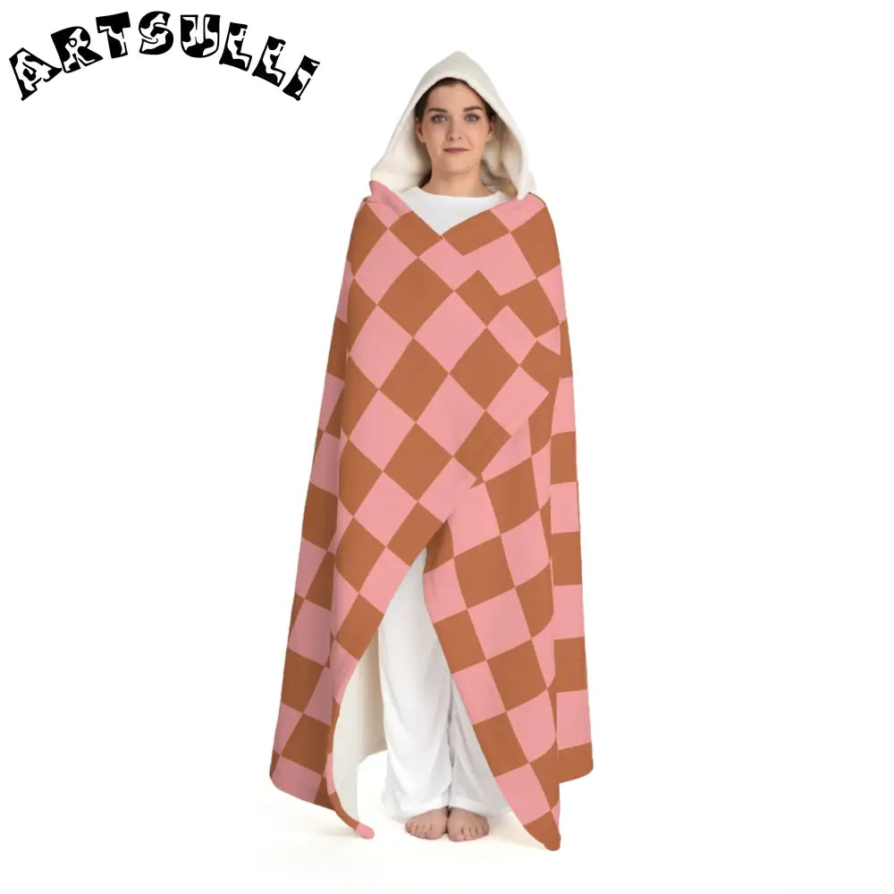Pink and Brown Checkered Hooded Sherpa Fleece Blanket, Artsulli - Art is Long, Life is Short, All Over Prints, , , , , , , 