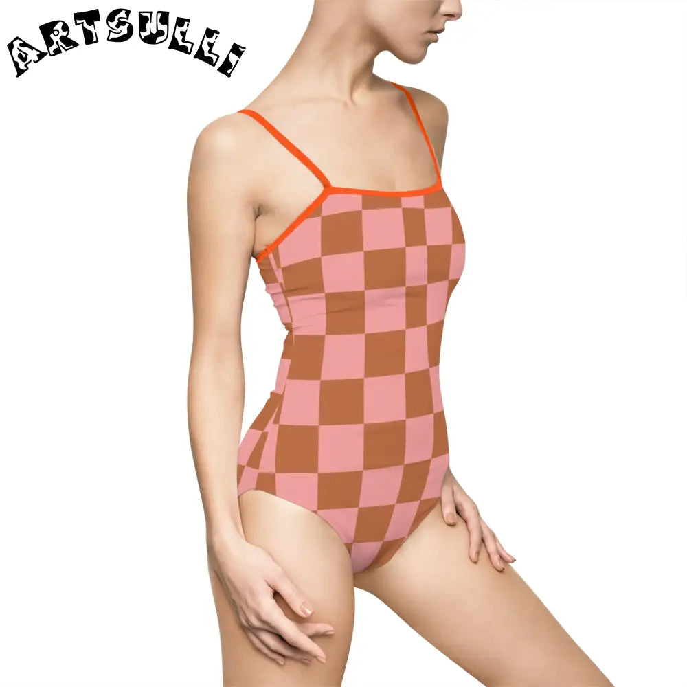 Pink and Brown Checkered One-Piece Swimsuit, Artsulli - Art is Long, Life is Short, All Over Prints, , , , , , , 