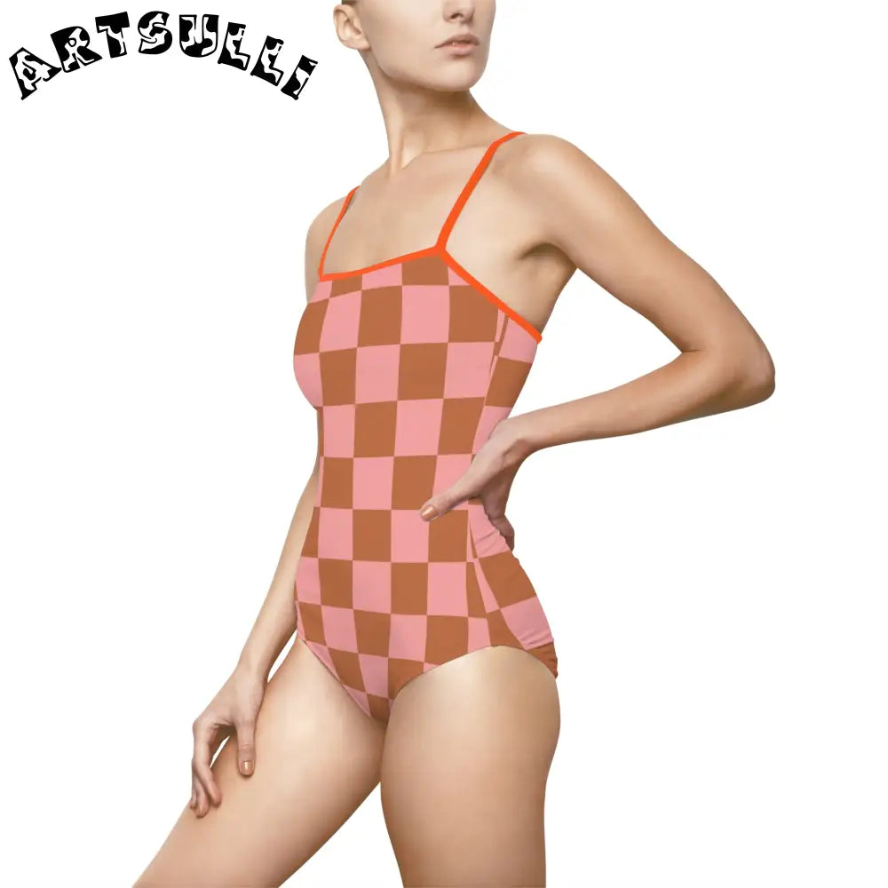 Pink and Brown Checkered One-Piece Swimsuit, Artsulli - Art is Long, Life is Short, All Over Prints, , , , , , , 