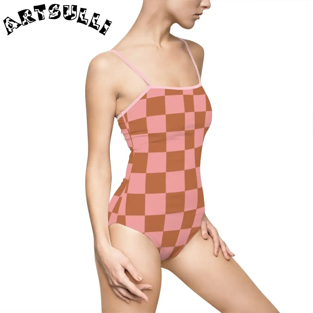 Pink and Brown Checkered One-Piece Swimsuit, Artsulli - Art is Long, Life is Short, All Over Prints, , , , , , , 