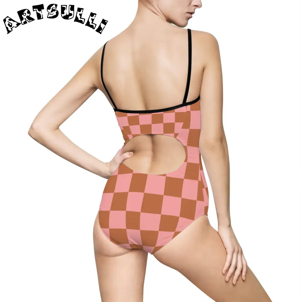 Pink and Brown Checkered One-Piece Swimsuit, Artsulli - Art is Long, Life is Short, All Over Prints, , , , , , , 