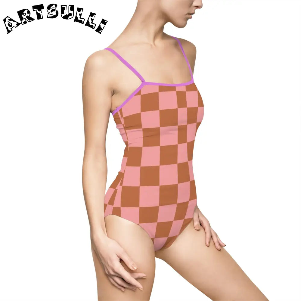 Pink and Brown Checkered One-Piece Swimsuit, Artsulli - Art is Long, Life is Short, All Over Prints, , , , , , , 