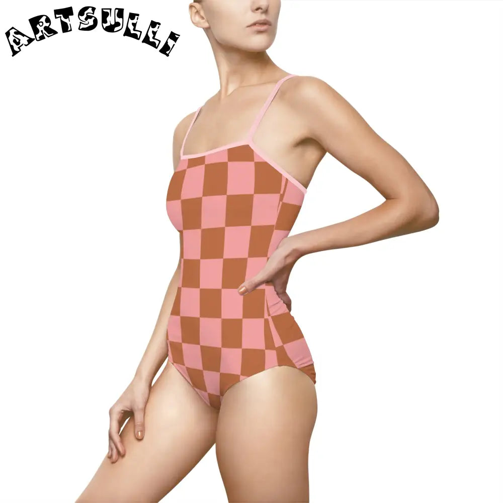Pink and Brown Checkered One-Piece Swimsuit, Artsulli - Art is Long, Life is Short, All Over Prints, , , , , , , 