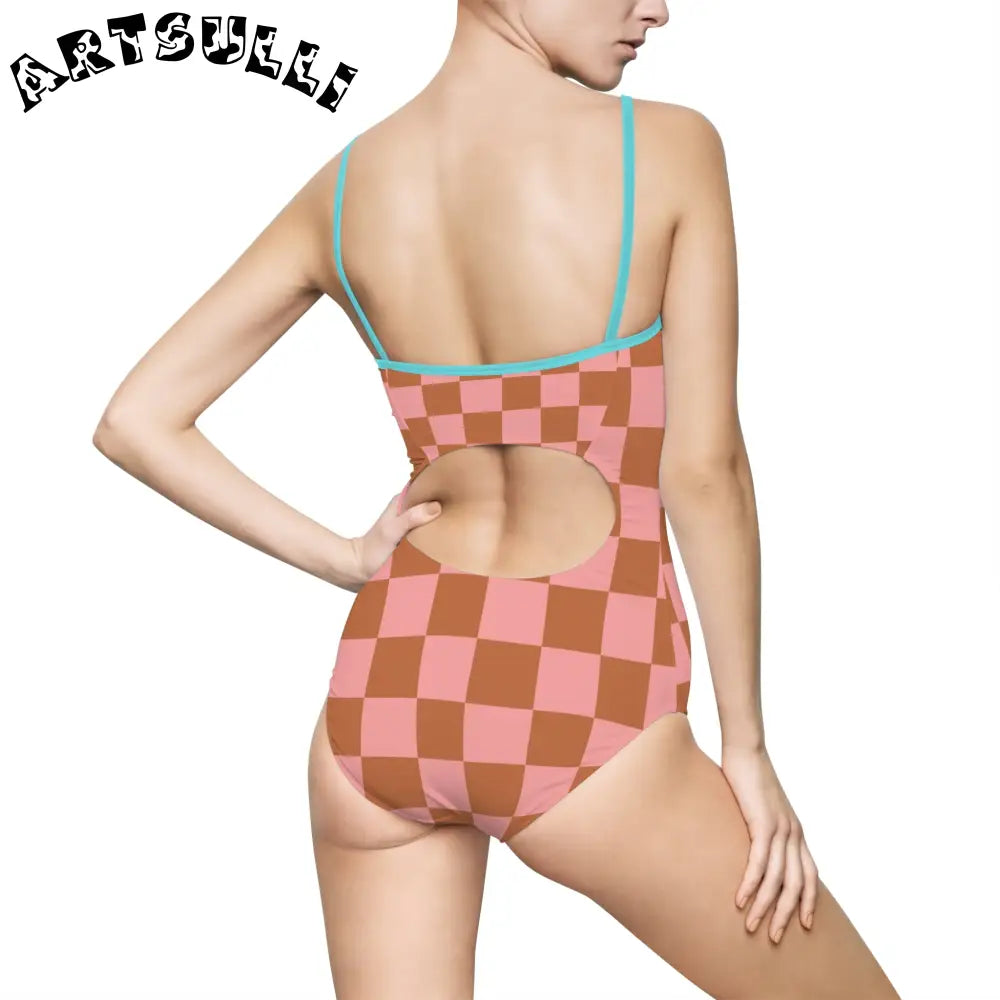 Pink and Brown Checkered One-Piece Swimsuit, Artsulli - Art is Long, Life is Short, All Over Prints, , , , , , , 