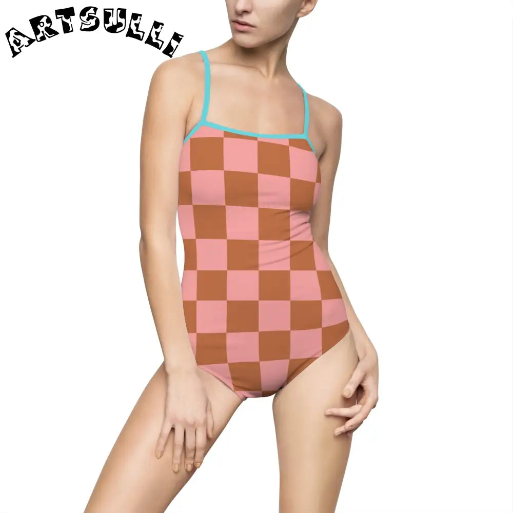 Pink and Brown Checkered One-Piece Swimsuit, Artsulli - Art is Long, Life is Short, All Over Prints, Size, XS, Color, Ocean, , , 26270034661423947176