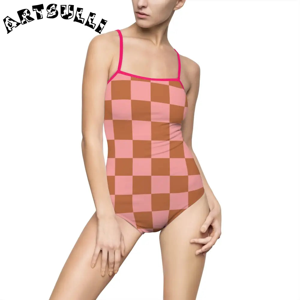 Pink and Brown Checkered One-Piece Swimsuit, Artsulli - Art is Long, Life is Short, All Over Prints, Size, XS, Color, Pink, , , 20936477407707997306