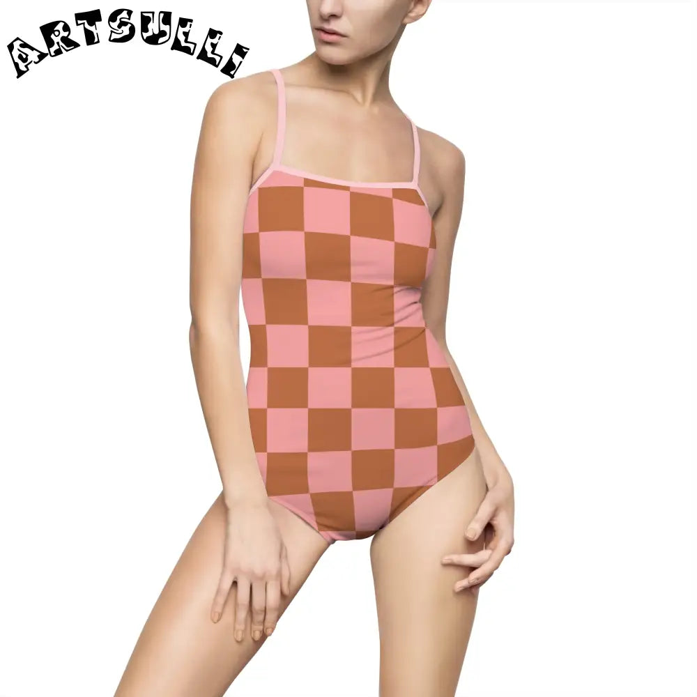 Pink and Brown Checkered One-Piece Swimsuit, Artsulli - Art is Long, Life is Short, All Over Prints, Size, XS, Color, Light Pink, , , 32778952371086837685