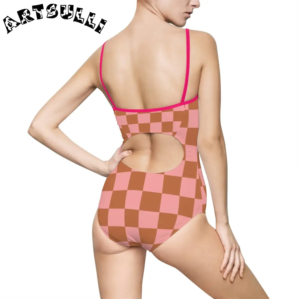 Pink and Brown Checkered One-Piece Swimsuit, Artsulli - Art is Long, Life is Short, All Over Prints, , , , , , , 