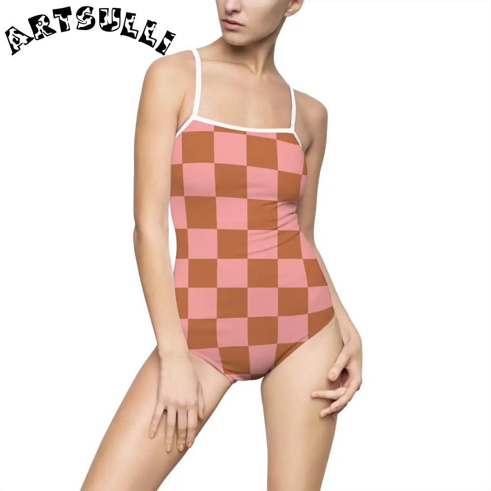 Pink and Brown Checkered One-Piece Swimsuit, Artsulli - Art is Long, Life is Short, All Over Prints, Size, XS, Color, White, , , 80261794831719638335