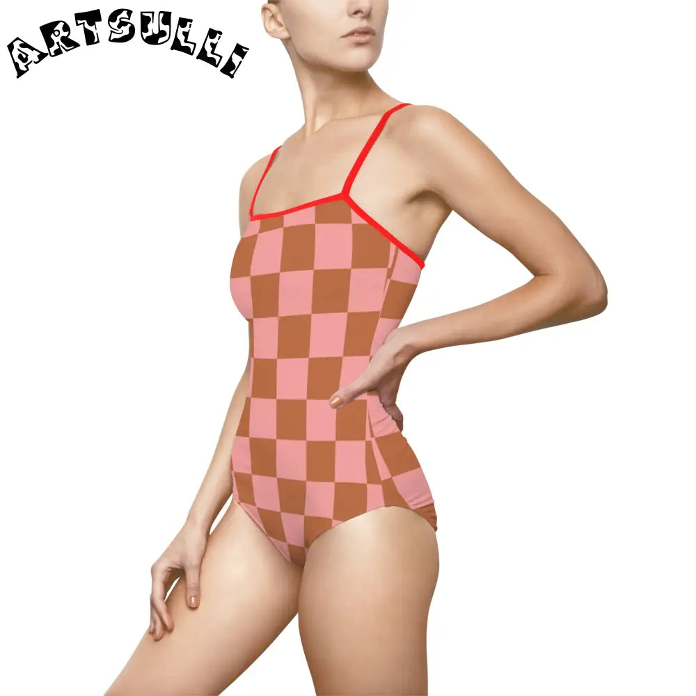 Pink and Brown Checkered One-Piece Swimsuit, Artsulli - Art is Long, Life is Short, All Over Prints, , , , , , , 