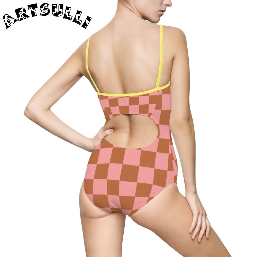 Pink and Brown Checkered One-Piece Swimsuit, Artsulli - Art is Long, Life is Short, All Over Prints, , , , , , , 