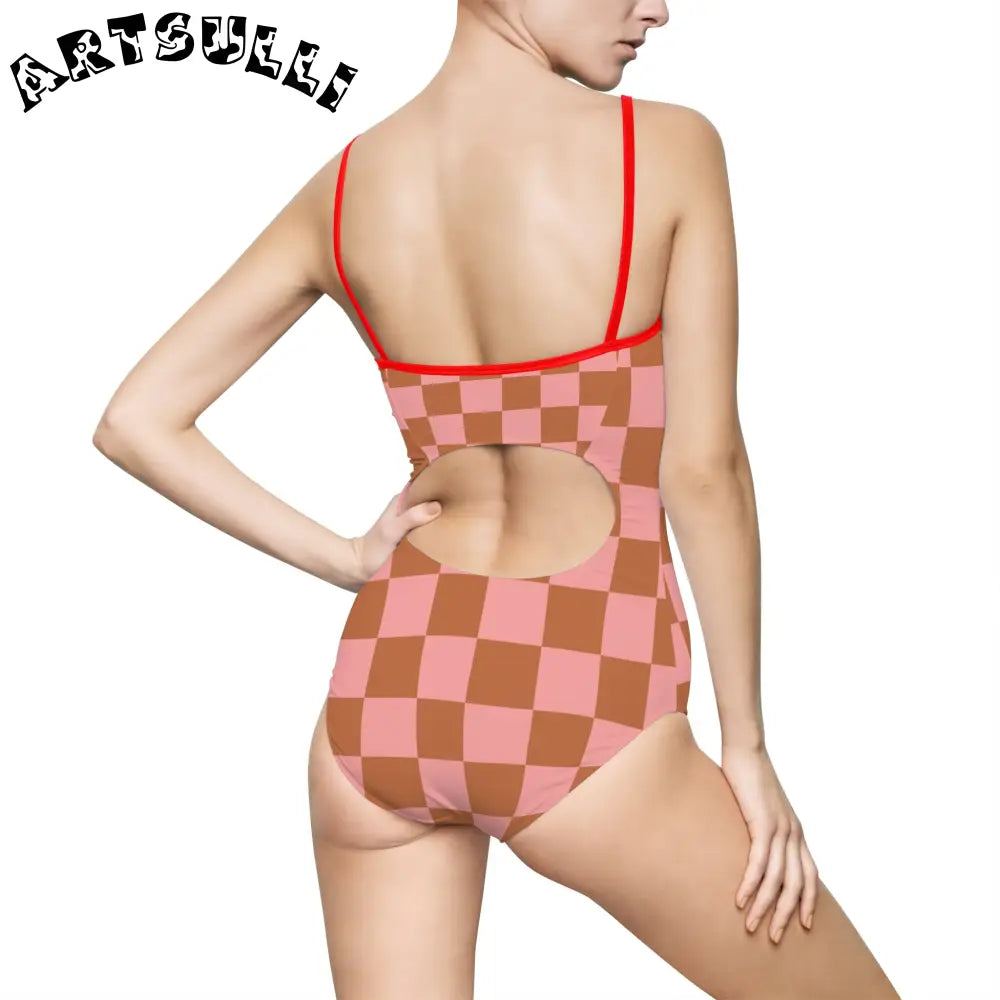 Pink and Brown Checkered One-Piece Swimsuit, Artsulli - Art is Long, Life is Short, All Over Prints, , , , , , , 