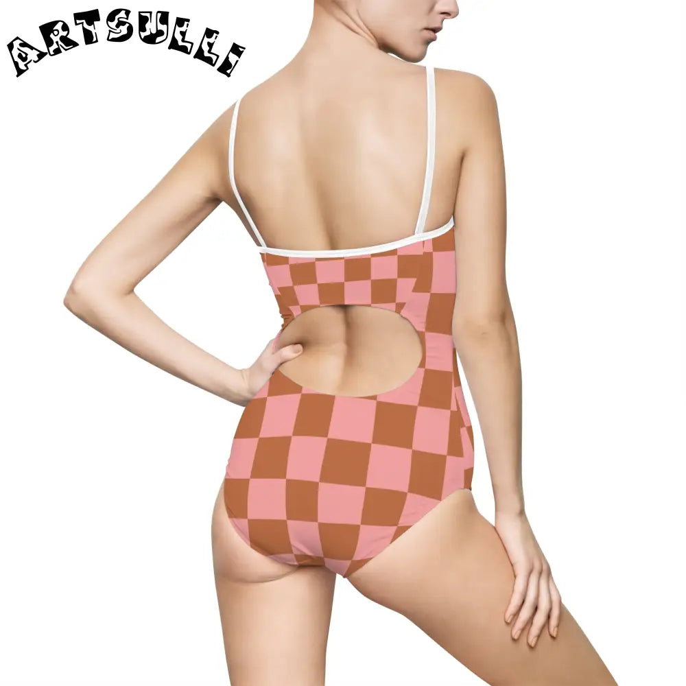 Pink and Brown Checkered One-Piece Swimsuit, Artsulli - Art is Long, Life is Short, All Over Prints, , , , , , , 