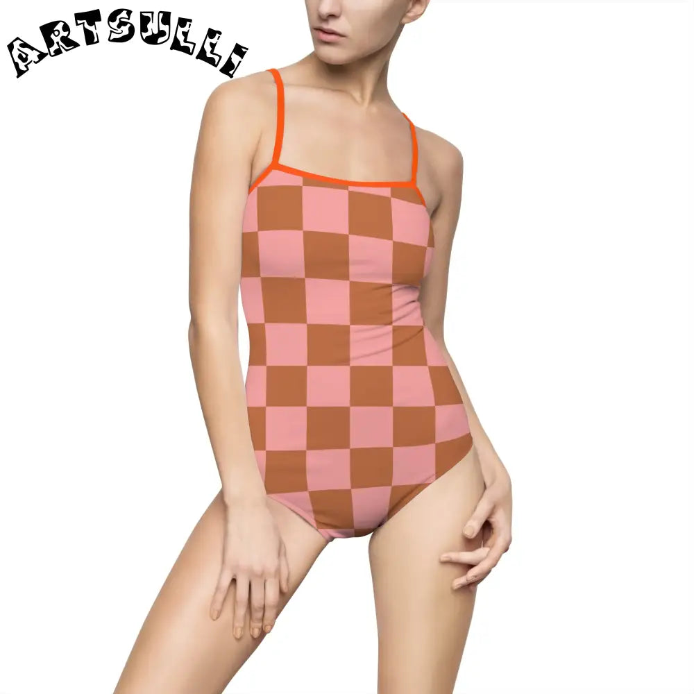Pink and Brown Checkered One-Piece Swimsuit, Artsulli - Art is Long, Life is Short, All Over Prints, Size, XS, Color, Orange, , , 16328913638461448514