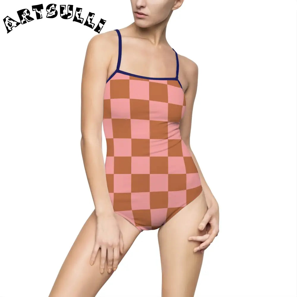 Pink and Brown Checkered One-Piece Swimsuit, Artsulli - Art is Long, Life is Short, All Over Prints, Size, XS, Color, Navy, , , 15598850100497923948