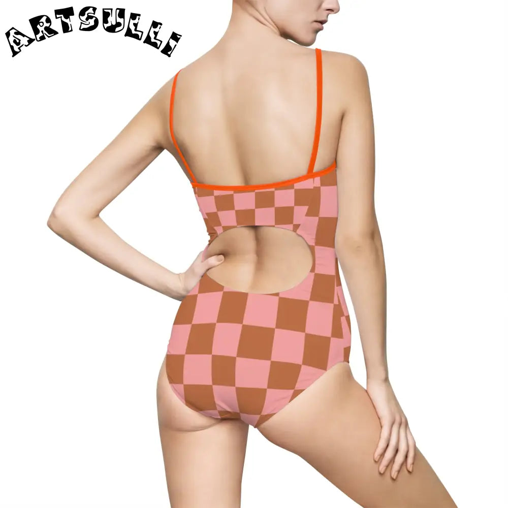Pink and Brown Checkered One-Piece Swimsuit, Artsulli - Art is Long, Life is Short, All Over Prints, , , , , , , 