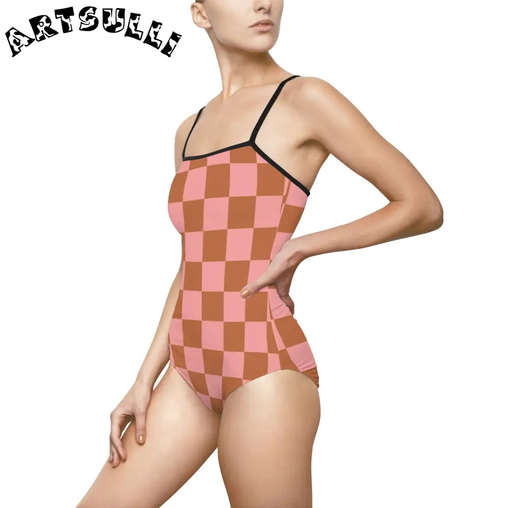 Pink and Brown Checkered One-Piece Swimsuit, Artsulli - Art is Long, Life is Short, All Over Prints, , , , , , , 