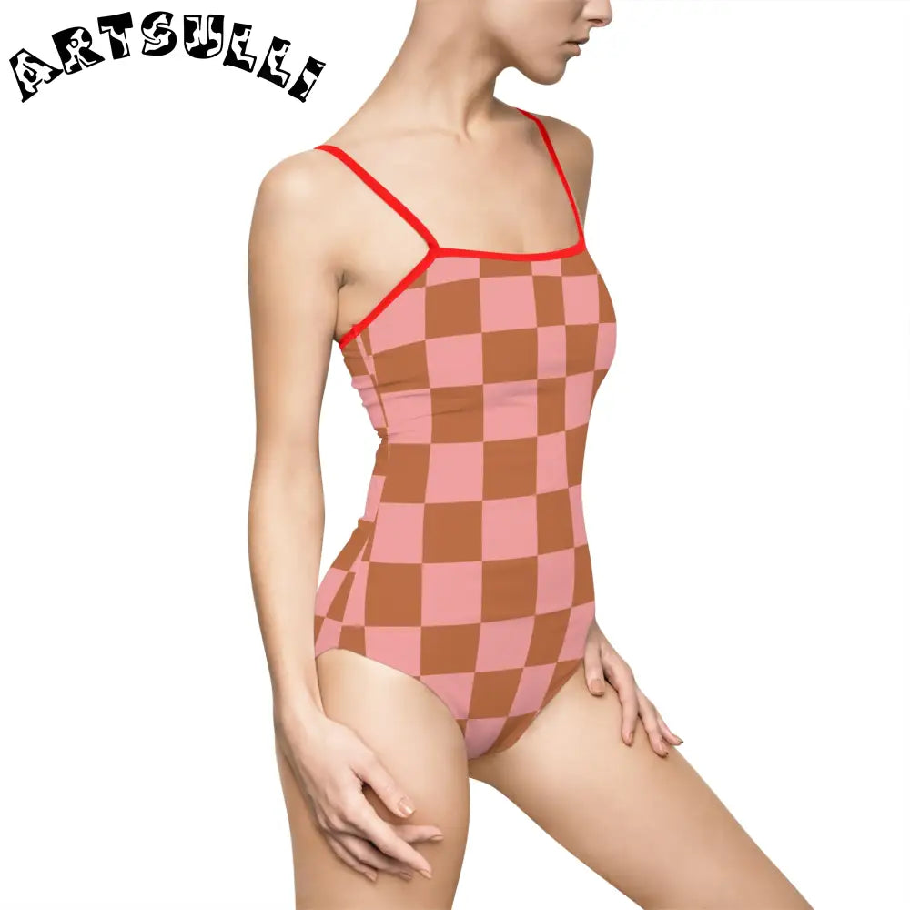 Pink and Brown Checkered One-Piece Swimsuit, Artsulli - Art is Long, Life is Short, All Over Prints, , , , , , , 