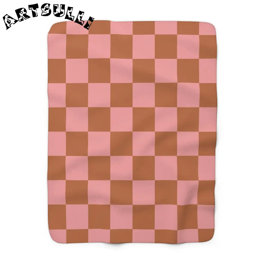 Pink and Brown Checkered Sherpa Fleece Blanket, Artsulli - Art is Long, Life is Short, Home Decor, Size, 50" × 60", , , , , 29571530783314286427