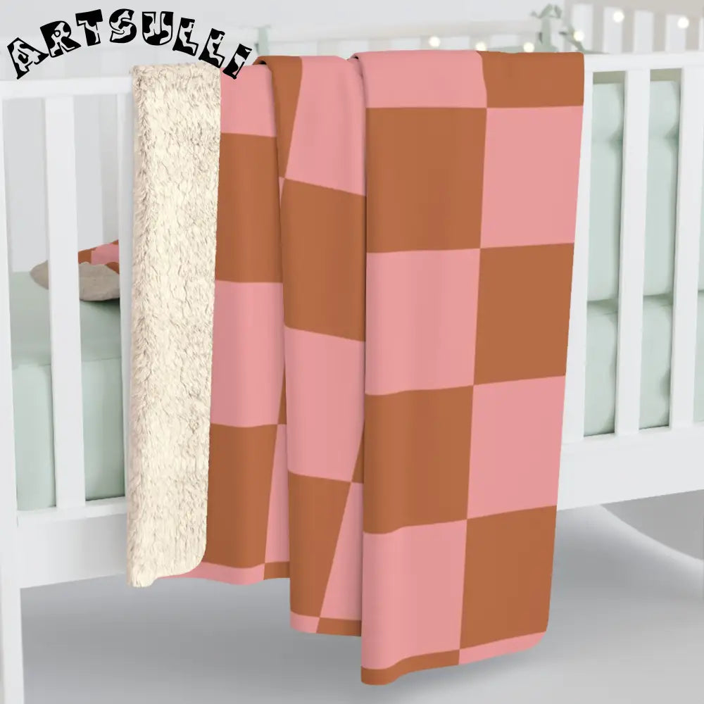 Pink and Brown Checkered Sherpa Fleece Blanket, Artsulli - Art is Long, Life is Short, Home Decor, , , , , , , 
