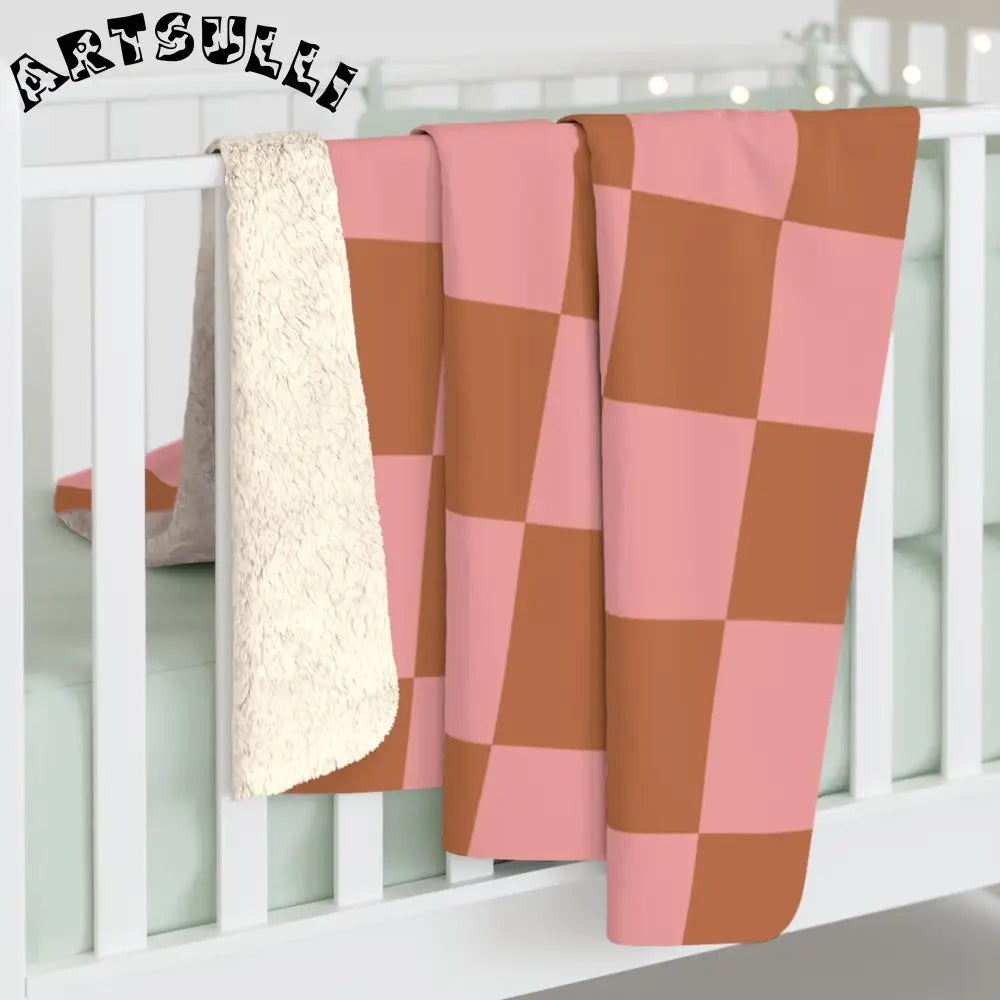 Pink and Brown Checkered Sherpa Fleece Blanket, Artsulli - Art is Long, Life is Short, Home Decor, , , , , , , 