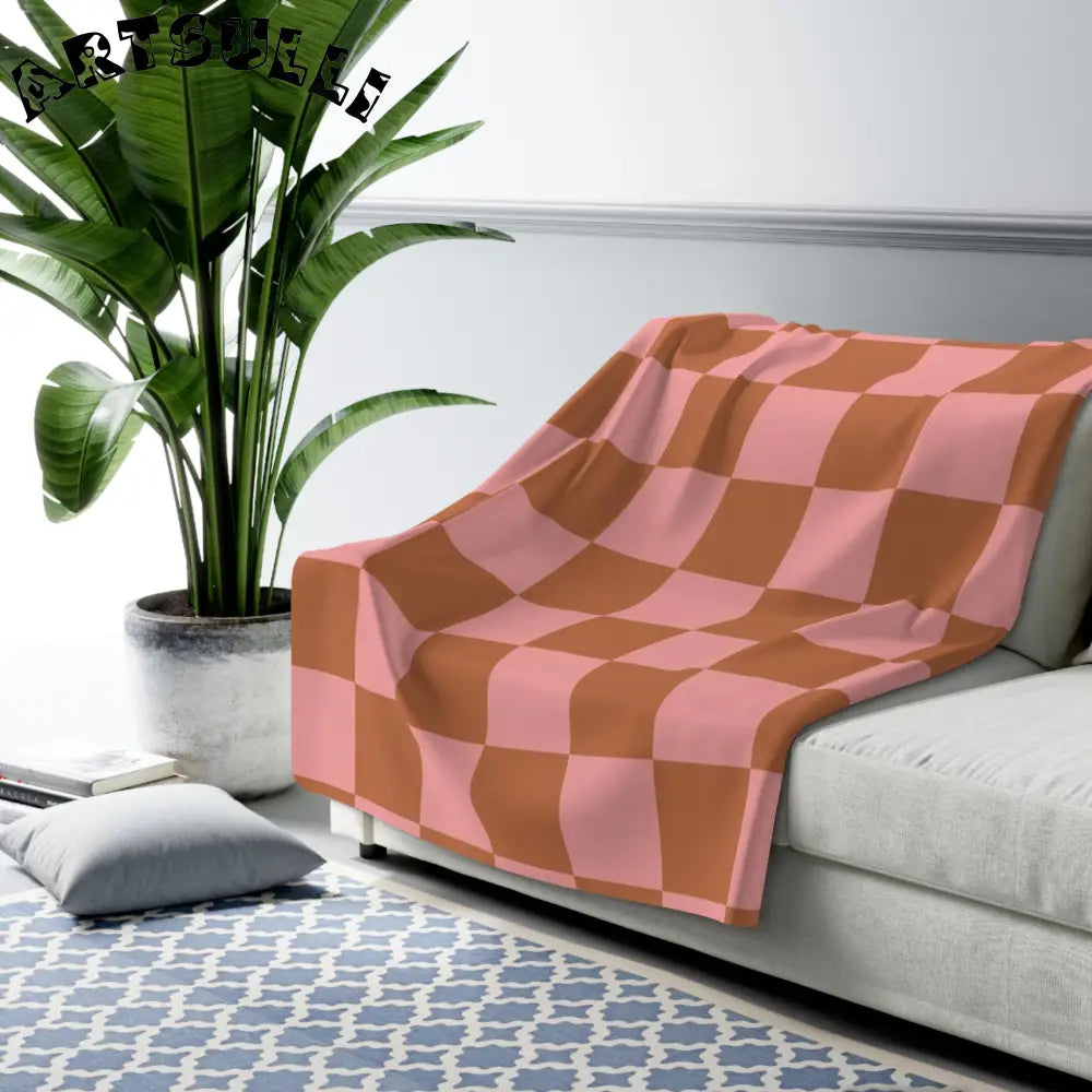 Pink and Brown Checkered Sherpa Fleece Blanket, Artsulli - Art is Long, Life is Short, Home Decor, , , , , , , 