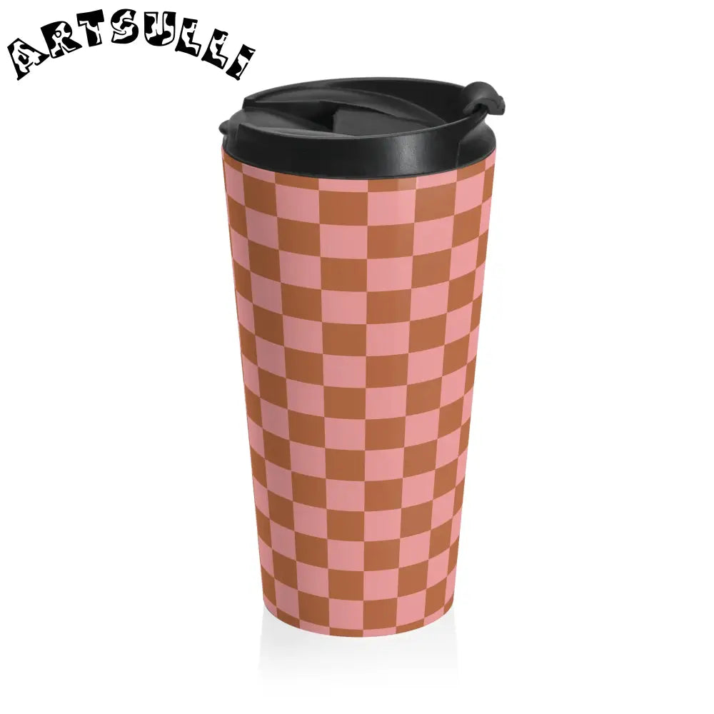 Pink and Brown Checkered Stainless Steel Travel Mug, Artsulli - Art is Long, Life is Short, Mug, , , , , , , 