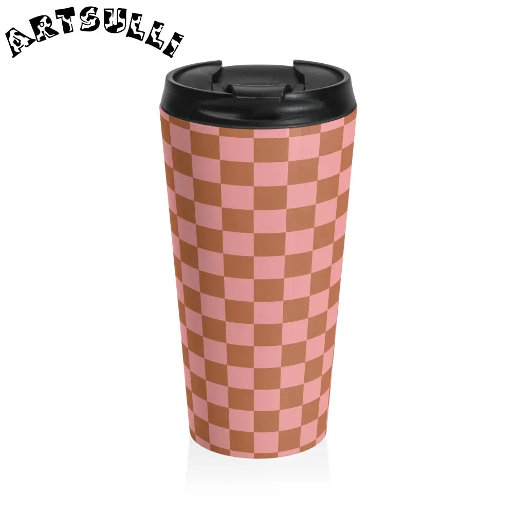 Pink and Brown Checkered Stainless Steel Travel Mug, Artsulli - Art is Long, Life is Short, Mug, Size, 15oz, , , , , 23198371347469619133