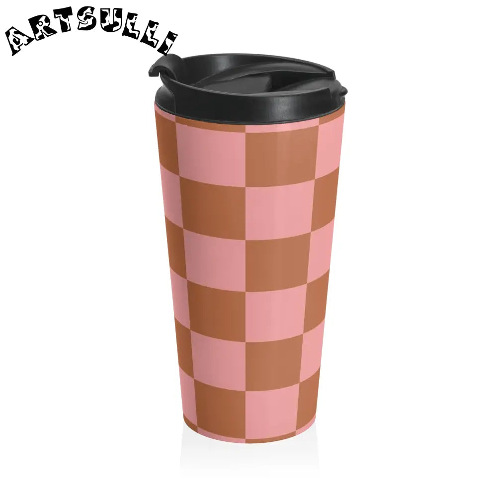 Pink and Brown Checkered Stainless Steel Travel Mug, Artsulli - Art is Long, Life is Short, Mug, , , , , , , 