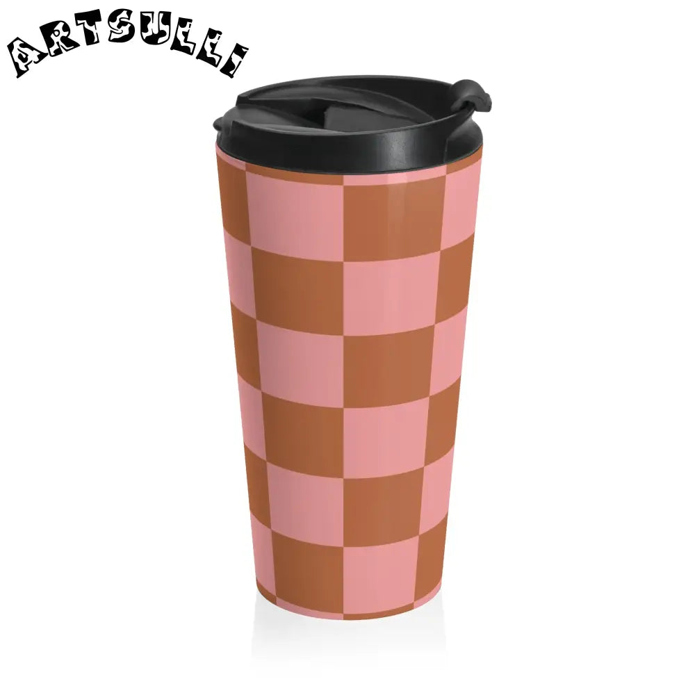 Pink and Brown Checkered Stainless Steel Travel Mug, Artsulli - Art is Long, Life is Short, Mug, , , , , , , 