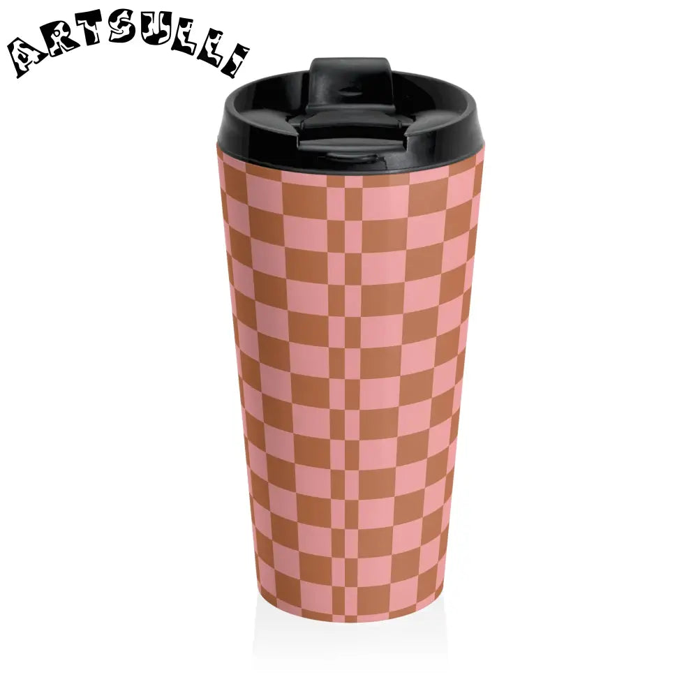 Pink and Brown Checkered Stainless Steel Travel Mug, Artsulli - Art is Long, Life is Short, Mug, , , , , , , 