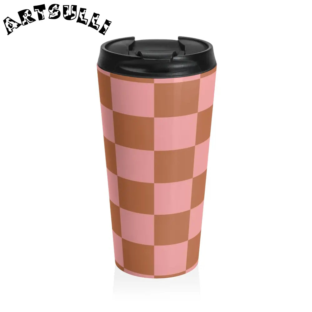 Pink and Brown Checkered Stainless Steel Travel Mug, Artsulli - Art is Long, Life is Short, Mug, Size, 15oz, , , , , 94147520661227840814