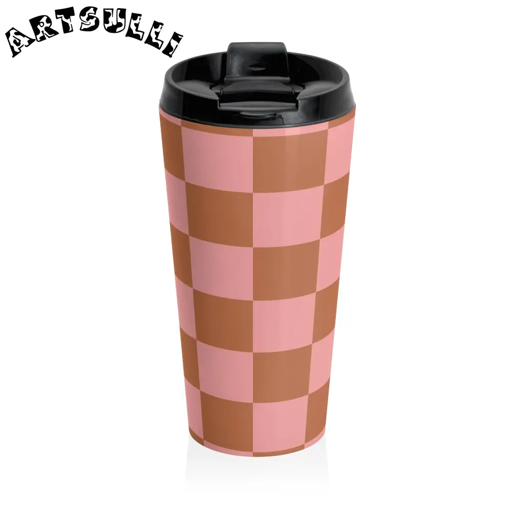 Pink and Brown Checkered Stainless Steel Travel Mug, Artsulli - Art is Long, Life is Short, Mug, , , , , , , 