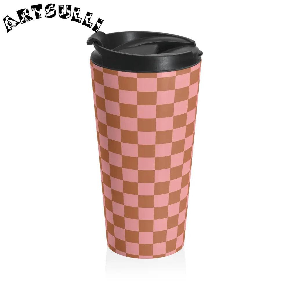 Pink and Brown Checkered Stainless Steel Travel Mug, Artsulli - Art is Long, Life is Short, Mug, , , , , , , 