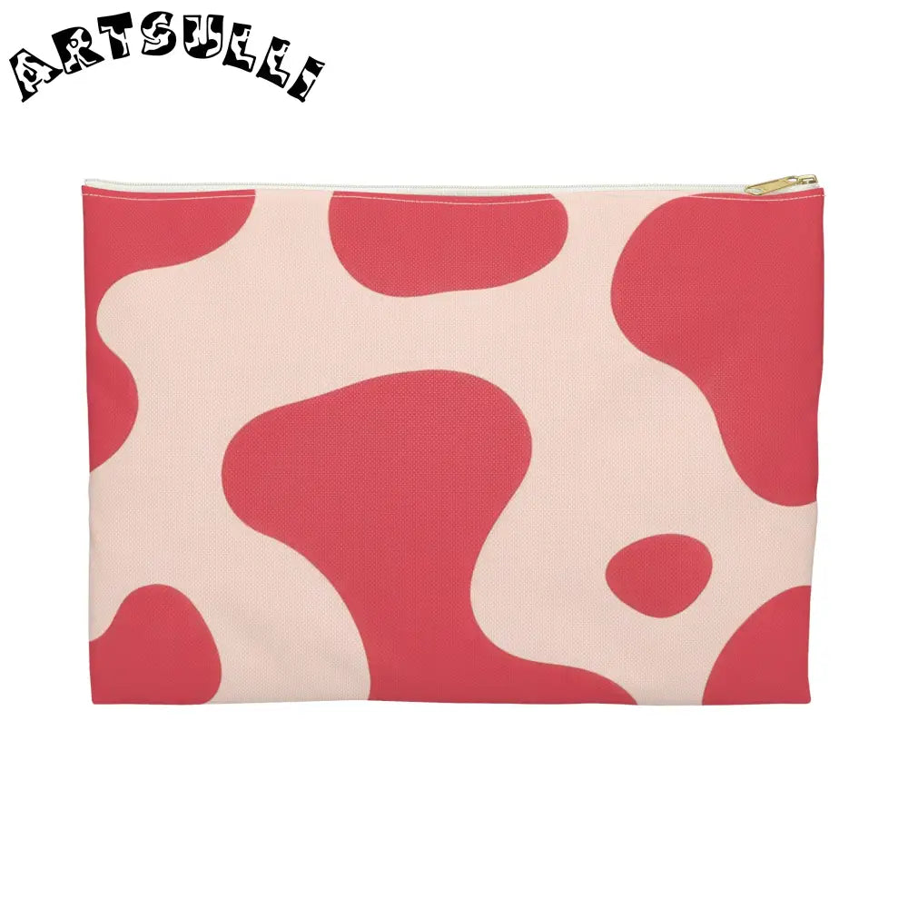 Pink and Cream Cow Print Flat Pouch, Artsulli - Art is Long, Life is Short, Bags, Size, Large, Color, White zipper, , , 15868564238543191234